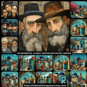 40 Whimsical Judaic Jerusalem Art Prints, Jewish Heritage Digital Images for DIY Wall Art, POD Sublimation Crafts & Faith-Inspired Decor