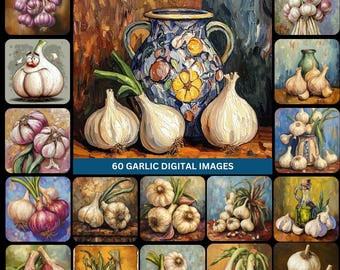 60 Garlic Art Prints Digital Quirky Garlic Illustrations Rustic Kitchen Dining Room Decor Watercolor Garlic Artwork Printable Food Art