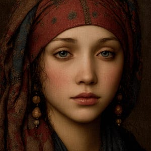 May include: Portrait of a young person with fair skin, blue eyes, and rosy cheeks. They wear a red headscarf with a patterned design and dangling earrings. The image has a classical painting style with soft lighting and a neutral background.
