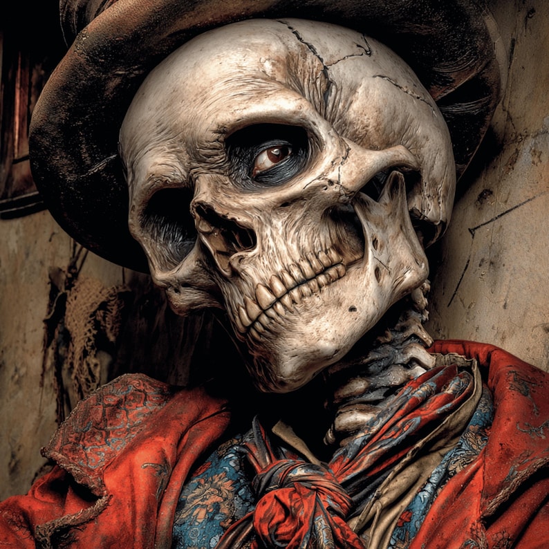May include: A detailed image of a human skull wearing a brown hat and a red coat with a patterned scarf. The skull has visible teeth and a single visible eye. The overall theme is gothic or macabre.