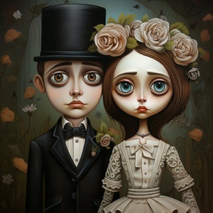SEVEN Gothic Couple Art Print, Victorian Steampunk Wall Decor, Surreal Portrait Wall Art, Romantic Gothic Home Decoration, Digital Download