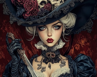 8 Victorian Gothic Art Digital Prints, Halloween Horror Digital Images, Skull and Roses Artwork, Spooky Victorian Lady Wall Decor