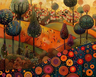 SIXTEEN Colorful Abstract Landscape Wall Art, Digital Print for Modern Home Decor, Large Size, Overthebed Artwork, Klimt Inspired Scene.