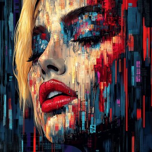 Könnte beinhalten: Ein digitales Gemälde eines Frauen Gesichts mit einem roten, blauen und gelben Farbschema. Die Augen der Frau sind geschlossen und ihre Lippen sind in einem leuchtenden Rot bemalt. Der Hintergrund ist ein verschwommenes, abstraktes Muster aus Linien und Formen.