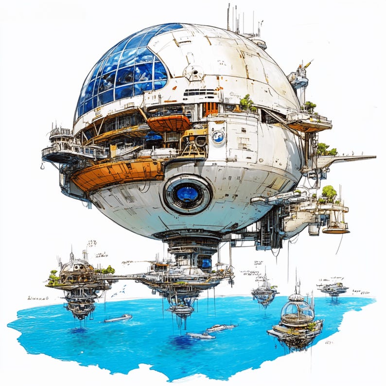 May include: A futuristic, white and orange, spherical spaceship with a large window, hovering over a blue body of water. Smaller, white and orange, floating structures are connected to the spaceship by cables.