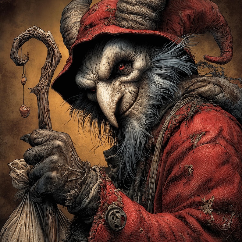 May include: A digital illustration of a Krampus-like figure with red eyes, horns, and a long nose. The figure wears a red hooded coat and holds a wooden staff with hanging ornaments. The background is a warm, golden color.
