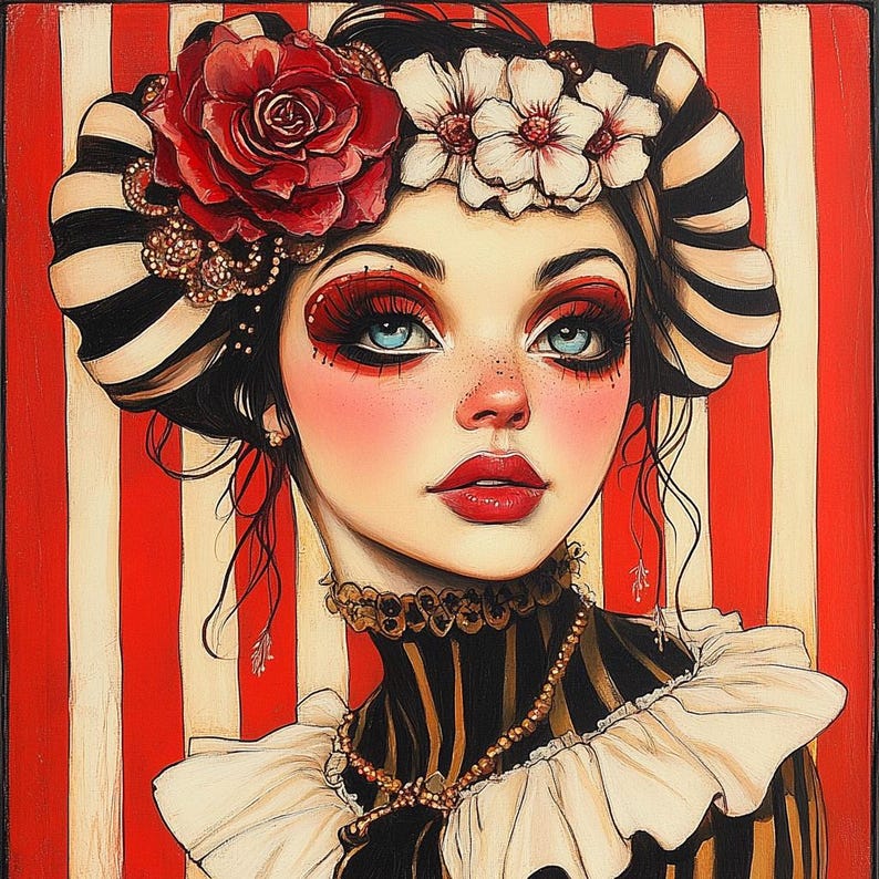 May include: A portrait painting of a woman with black hair, wearing a black and white striped hat with red roses and white flowers. She has red lipstick and blue eyes. The background is a red and white striped pattern.