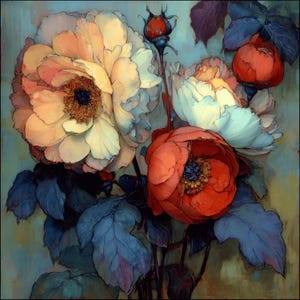 May include: A painting of vibrant flowers, showcasing large blooms in cream, peach, and red hues. The image includes dark blue-green leaves and buds. The artwork has a painterly style, with visible brushstrokes and soft edges, creating a textured effect.