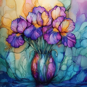 May include: A watercolor painting of a bouquet of irises in a vase. The irises are a vibrant mix of purple, blue, and yellow, with green stems. The vase is a translucent purple and blue. The background is a blend of colors, including yellow, blue, and pink.
