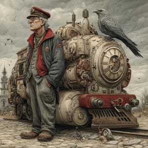 May include: An aged man in a conductor's uniform stands beside a steampunk train. The train features a large clock face, intricate gears, and a red and white color scheme. A gray raven perches atop the train, and the background shows a cloudy sky and a distant building.