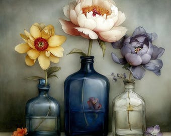 44 Watercolor Floral Still Life Peonies in Glass Bottles Soft Cottage Style Art Set