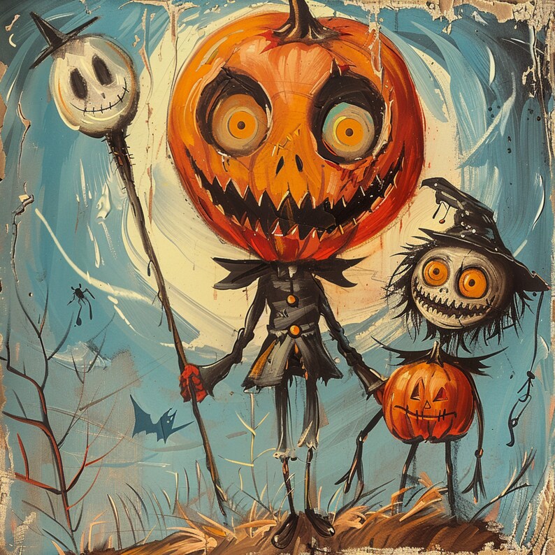 May include: A Halloween-themed painting depicting two scarecrow-like figures with pumpkin heads. One holds a staff with a skull, the other a small pumpkin. The background shows a moonlit sky with a bat and spider.
