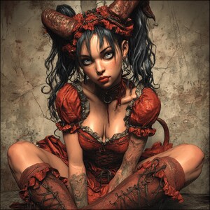 May include: A digital art image of a woman with dark hair and pale skin, wearing a red dress with a low neckline, ruffled sleeves, and matching thigh-high boots. She has horns and a choker. The background is a textured, neutral color.