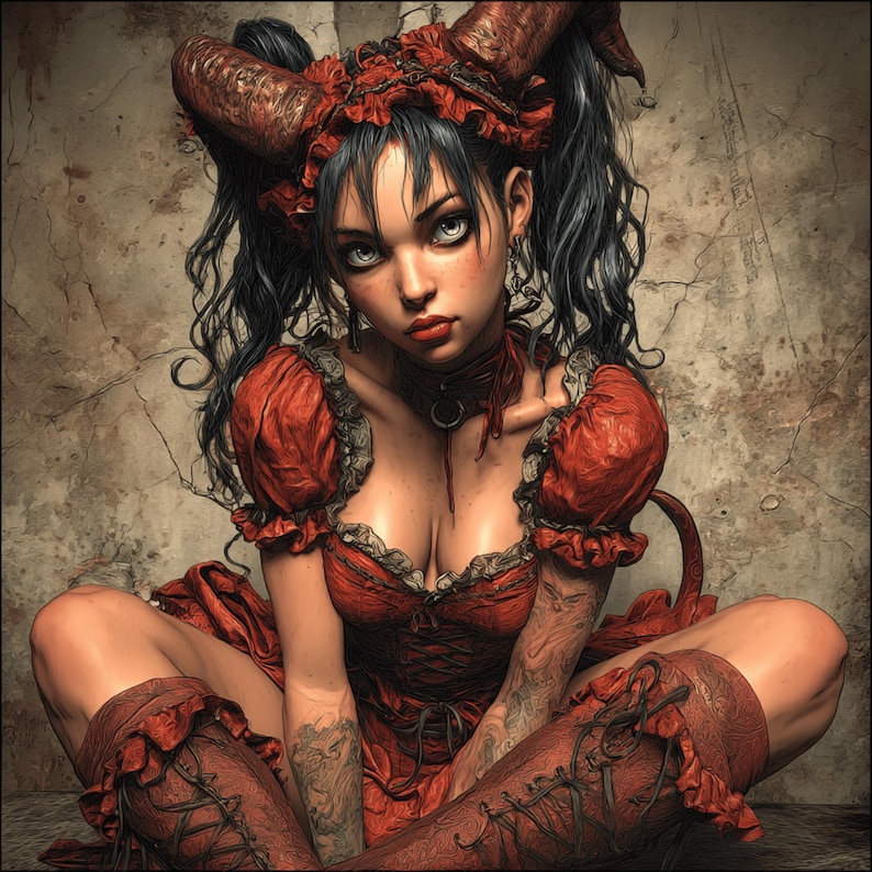 May include: A digital art image of a woman with dark hair and pale skin, wearing a red dress with a low neckline, ruffled sleeves, and matching thigh-high boots. She has horns and a choker. The background is a textured, neutral color.