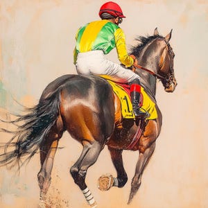 K&ouml;nnte beinhalten: Ein Jockey in einem gr&uuml;n-gelben Rennanzug reitet ein braunes Pferd mit einem gelben Sattel und der Nummer "1" darauf. Das Pferd rennt mit seinem Schweif, der hinter ihm herweht.