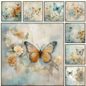 Instant Digital Download Printable Affordable Wall Decor Blue Butterfly Mixed Media Art Print Wall Hanging EIGHT images Vintage Inspuired