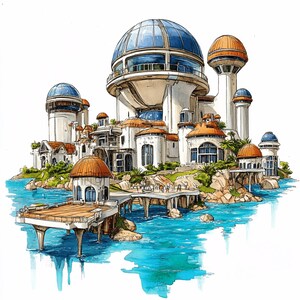 May include: A white and blue futuristic building with a dome roof and multiple towers. The building is surrounded by water and has a wooden dock extending out from it.