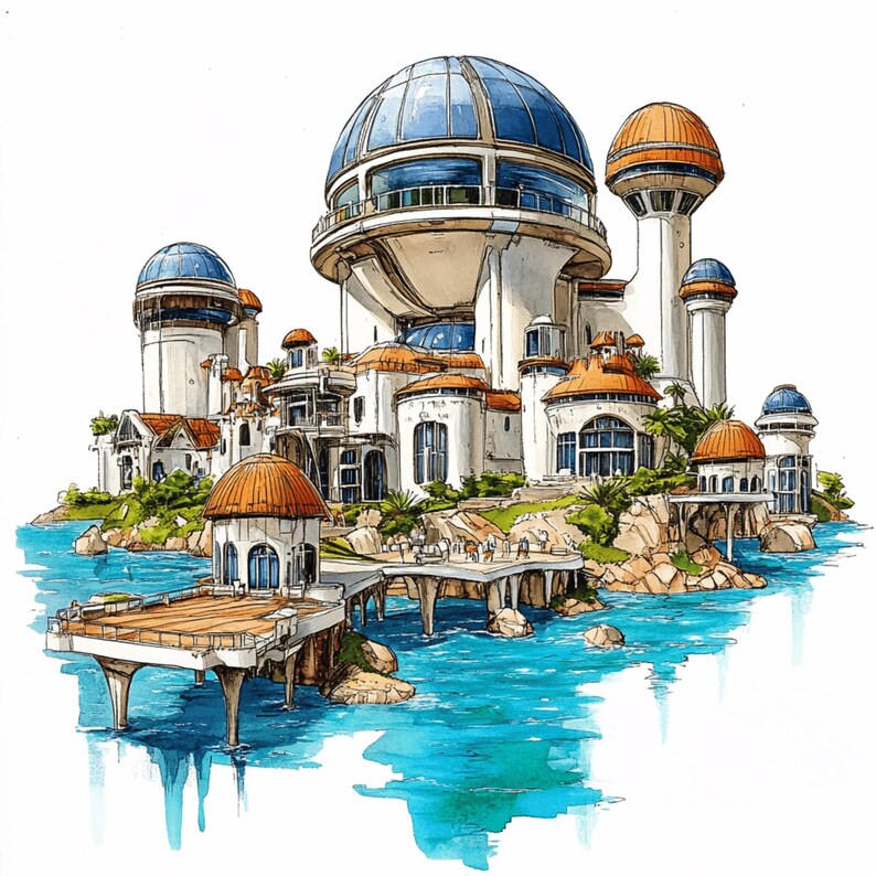 May include: A white and blue futuristic building with a dome roof and multiple towers. The building is surrounded by water and has a wooden dock extending out from it.