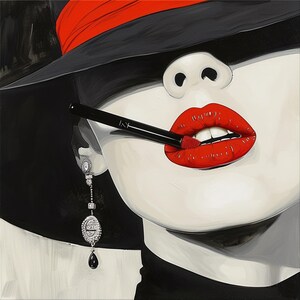 May include: A pop art style painting of a woman wearing a black hat with a red band. The woman has bright red lipstick and a black lip brush in her mouth. A long, dangling earring with a black teardrop hangs from her ear.