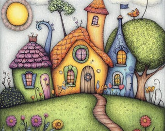 12 Whimsical Village Art Download, Cute Cottage Wall Art, Dreamy Houses Poster, Storybook Digital Print, Fairy Tale Artwork Large Square Art