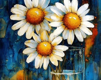 Daisy Watercolor Painting Digital Art Prints Set of 11 Floral Wall Art Images April Birth Flower Bold Blue and Yellow Flower Decor for Home