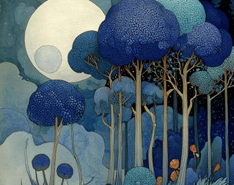 30 Blue Forest and Ocean Moonlit Landscapes with Dreamy Trees Night Sky Artwork Instant Download Set