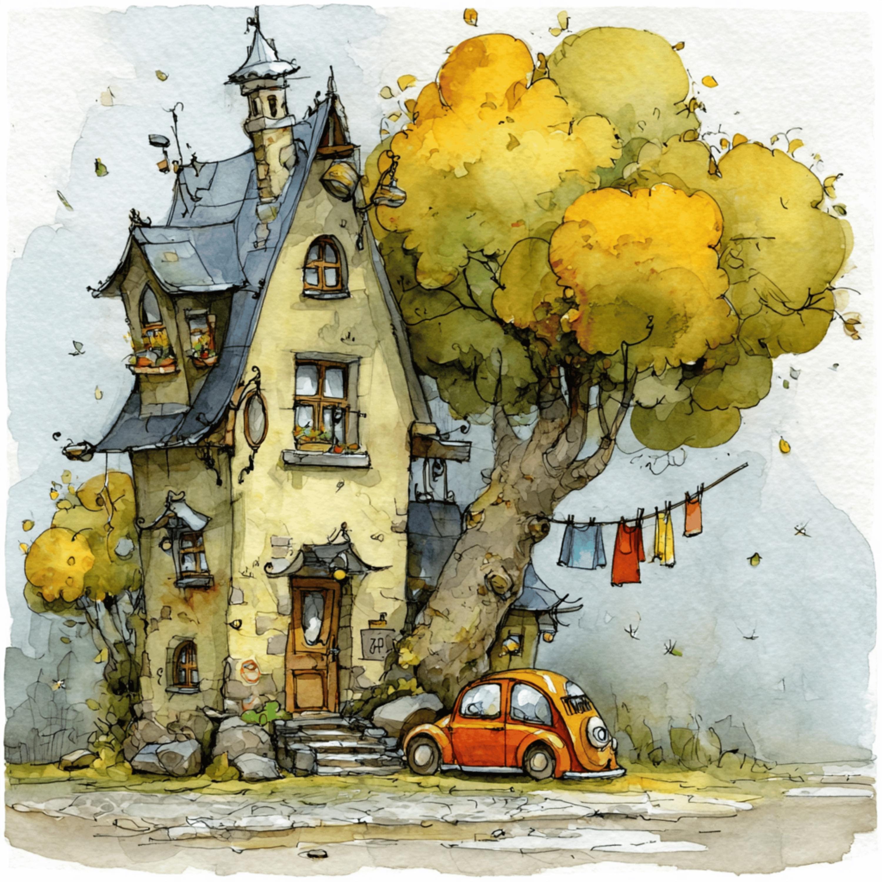 24 Whimsical Storybook Cottage Village Art Collection With Autumn Trees ...