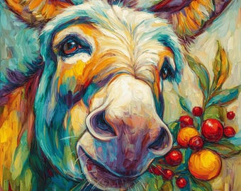 25 Christmas Donkey Wall Art, Festive Farm Animal Painting, Holiday Donkey Digital Print, Rustic Christmas Decor, Instant Download