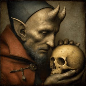 May include: A detailed painting depicts a figure with horns, pointed ears, and a beard, wearing a red robe and a dark cap. The figure cradles a human skull, creating a somber and contemplative scene. The artwork has a classical style.