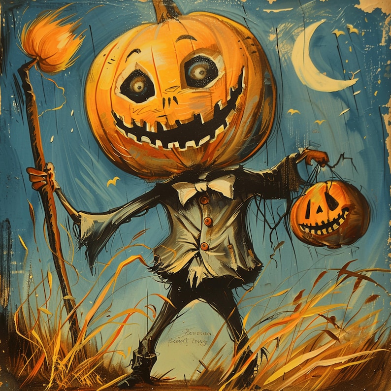May include: A Halloween-themed illustration of a scarecrow with a pumpkin head. The scarecrow is dressed in a tattered suit and holds a broom and a carved pumpkin lantern. The background features a blue sky, a crescent moon, and tall grass.