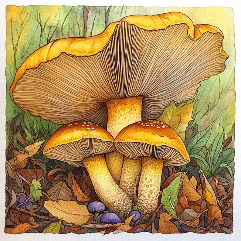 K&ouml;nnte beinhalten: Aquarellmalerei mit mehreren Pilzen in einer Waldszene. Der gro&szlig;e Pilz hat einen breiten, gelben Hut mit detaillierten Lamellen darunter. Kleinere Pilze mit orangefarbenen Kappen und wei&szlig;en Punkten sind darunter gruppiert. Die Szene umfasst auch Herbstlaub und violette Beeren.