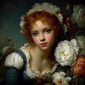Può includere: Ritratto di una giovane donna con capelli rossi ricci, occhi blu e guance rosee. Indossa un cappello di pizzo bianco e un vestito blu scuro con finiture bianche. Grandi peonie bianche e rosa sullo sfondo.