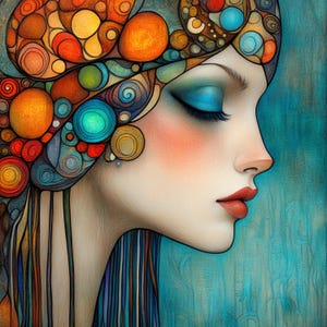 May include: A colourful abstract painting of a woman's face with a blue eye and red lips. The woman's hair is a cascade of blue, green, and orange lines. The background is a teal blue with a textured pattern.