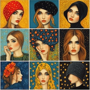 May include: A collage of nine portraits of women wearing various headwear, including a red beret, a black beret with white stars, a black headscarf, a blue and orange floral headscarf, a yellow headscarf, and a black hat. Each portrait has a different background, including yellow, blue, and black.