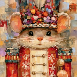 May include: An oil painting of a mouse dressed as a nutcracker, wearing a tall hat adorned with colorful floral patterns. The mouse has a red uniform with white floral details, gold buttons, and large ears. The background features a textured, abstract block pattern in muted tones.