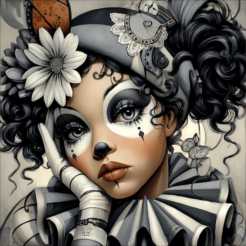 Elegant female clown with tear-painted face, wearing ruffled costume and floral headpiece