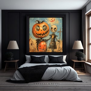 May include: A framed Halloween artwork depicting a large orange pumpkin-headed figure and a skeletal character. The painting has a textured finish, set against a light blue backdrop, and is enclosed in a black frame. The style is rustic.
