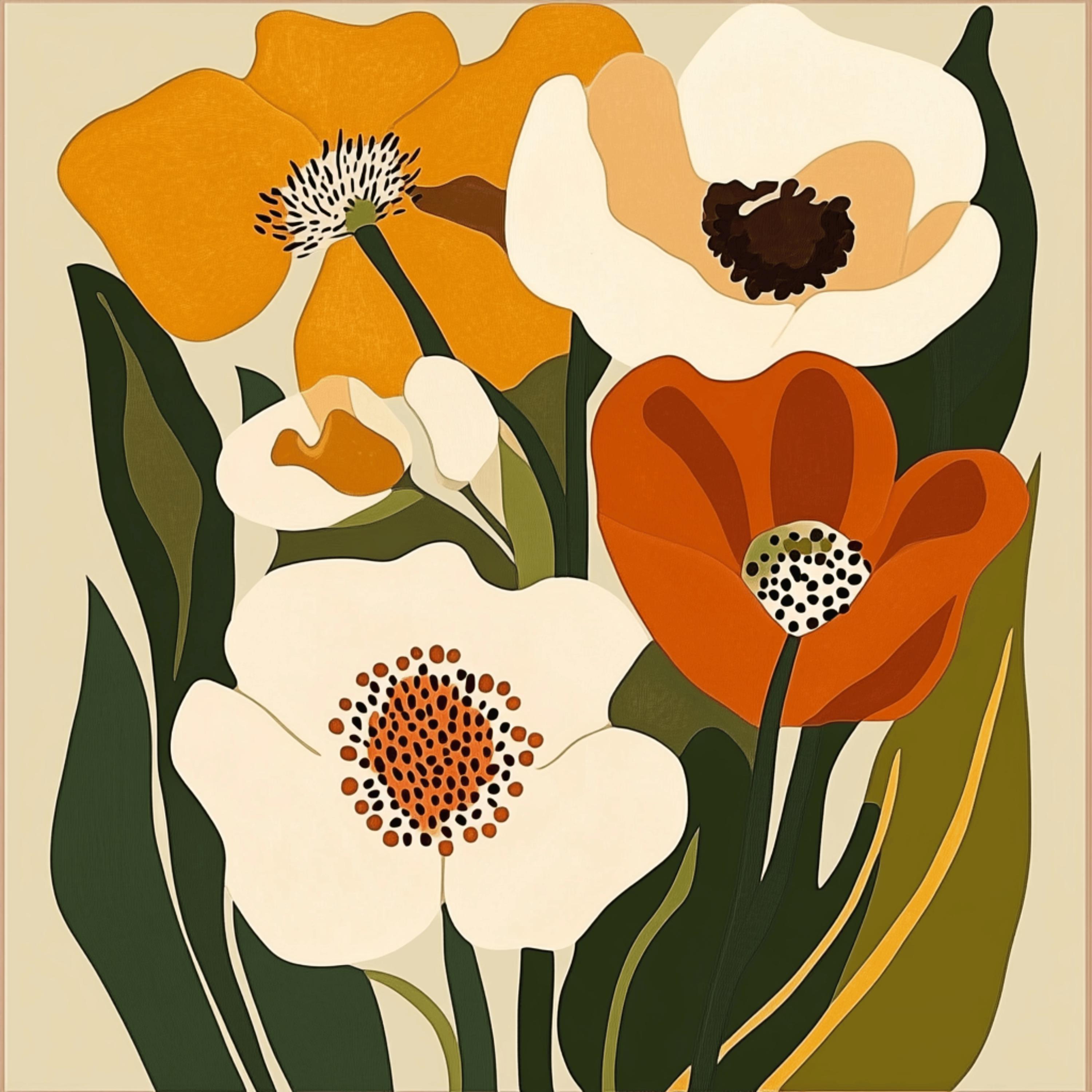 13 Retro Orange Floral Digital Images - Vintage-inspired Flower