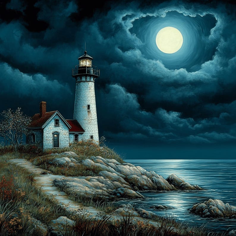 May include: A white lighthouse with a red roof stands on a rocky cliff overlooking a dark blue ocean. A full moon shines brightly in the night sky, casting a soft glow on the water.