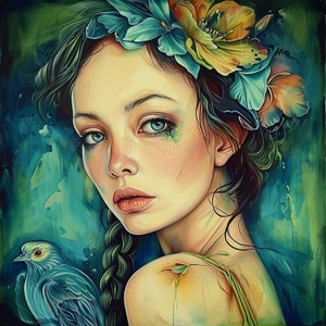 NINE Fantasy Female Portraits Abstract Artwork Instant Printable Digital Download Affordable Wall Art Bird Home Decor