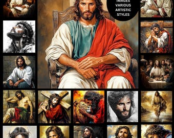 Op de afbeelding: Een collage van 55 afbeeldingen die Jezus Christus in verschillende artistieke stijlen weergeven. De afbeeldingen tonen verschillende voorstellingen van Jezus, waaronder met een doornenkroon, met een kruis en met een lam. De tekst "55 CHRISTIAN IMAGES VARIOUS ARTISTIC STYLES" wordt weergegeven in de rechterbovenhoek van de collage. Het websiteadres "https://thebesttherapyisart.etsy.com/" wordt weergegeven onderaan de collage.