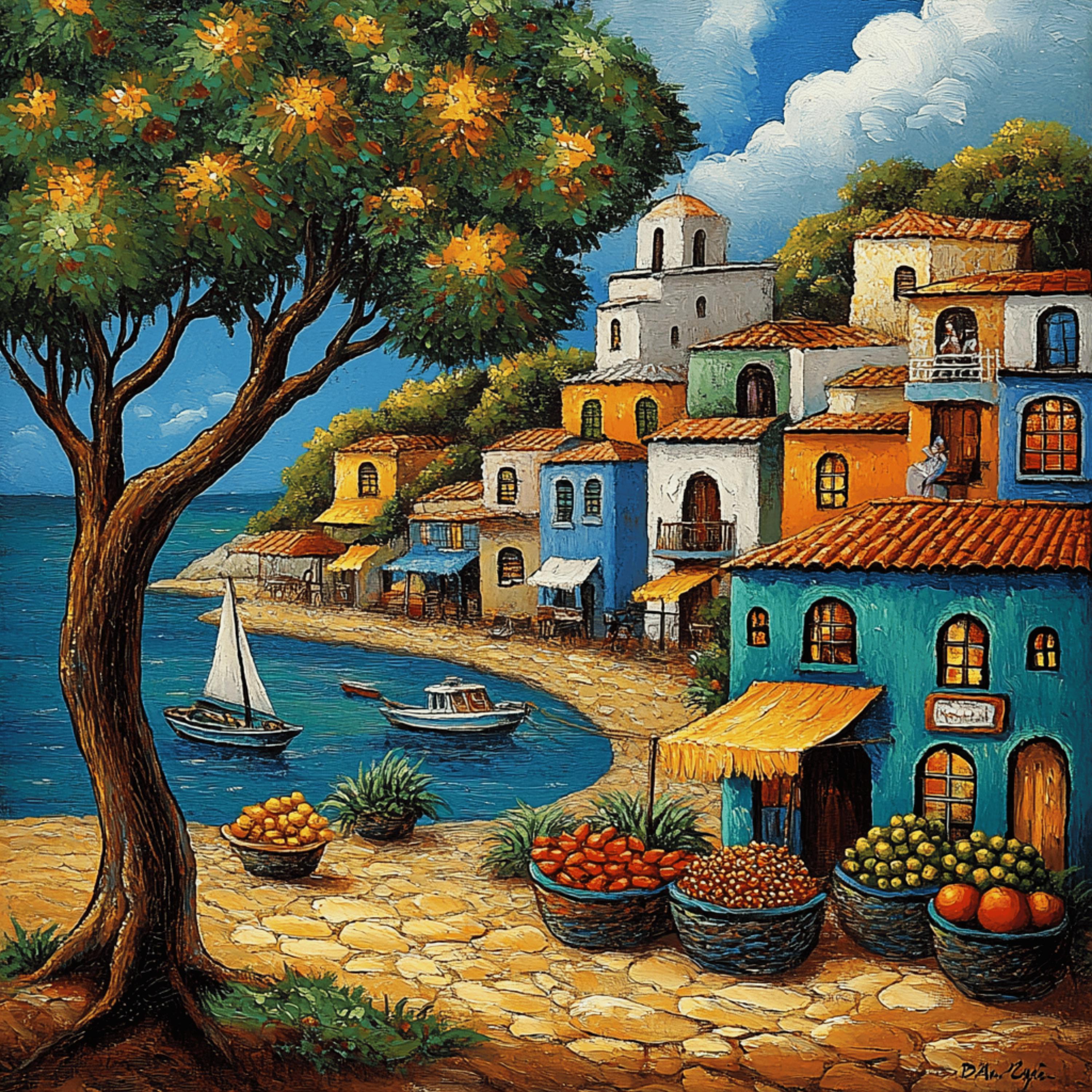 12 Mediterranean coastal village poster, colorful seaside town art print, rustic European landscape wall decor, vibrant harbor painting