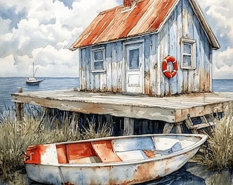 8 Rustic Coastal Cabin Poster, Nautical Beach House Art Print, Seaside Lifebuoy Watercolor, Boat and Dock Wall Decor, Cottage Wall Art