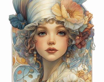 44 Art Nouveau Female Portraits With Flowers Vintage Botanical Women Illustration PNG