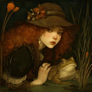 May include: A digital painting depicting a woman with auburn curls and a brown hat decorated with foliage. She looks towards the viewer, her hand resting on a large green frog. The setting is a dark, watery area with tall reeds.
