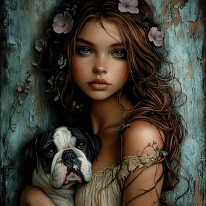 Girl and Pet Portrait Art Prints: Vintage Style Decor (Digital Download)