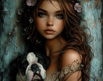 Girl and Pet Portrait Art Prints: Vintage Style Decor (Digital Download)