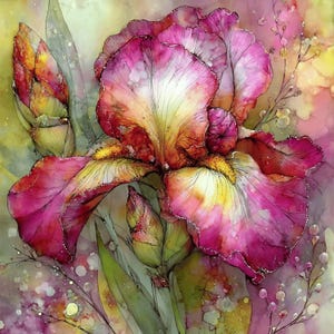 May include: A watercolor painting of a vibrant iris flower. The petals are a gradient of pink, white, and yellow, with delicate silver accents. Green leaves and buds surround the blooming flower, set against a soft, colorful background.