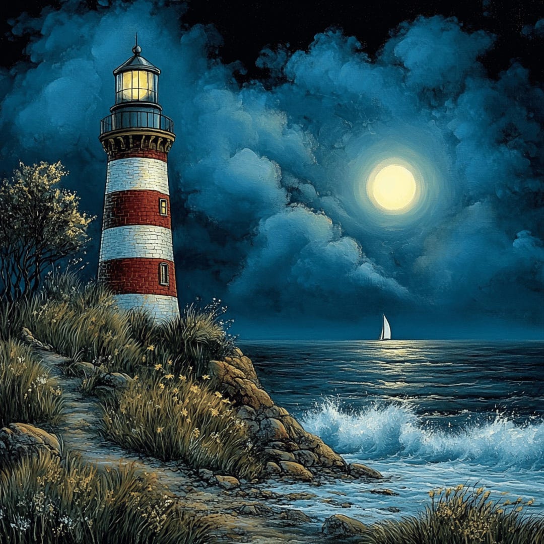25 Digital Images, Lighthouse at Night, Large Square Moody Artwork ...