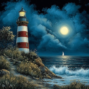 25 digitale Bilder, Leuchtturm bei Nacht, großes quadratisches Kunstwerk, Stimmungsvoll, Poster, maritime Wanddekoration, Mondschein Leuchtturm, Poster